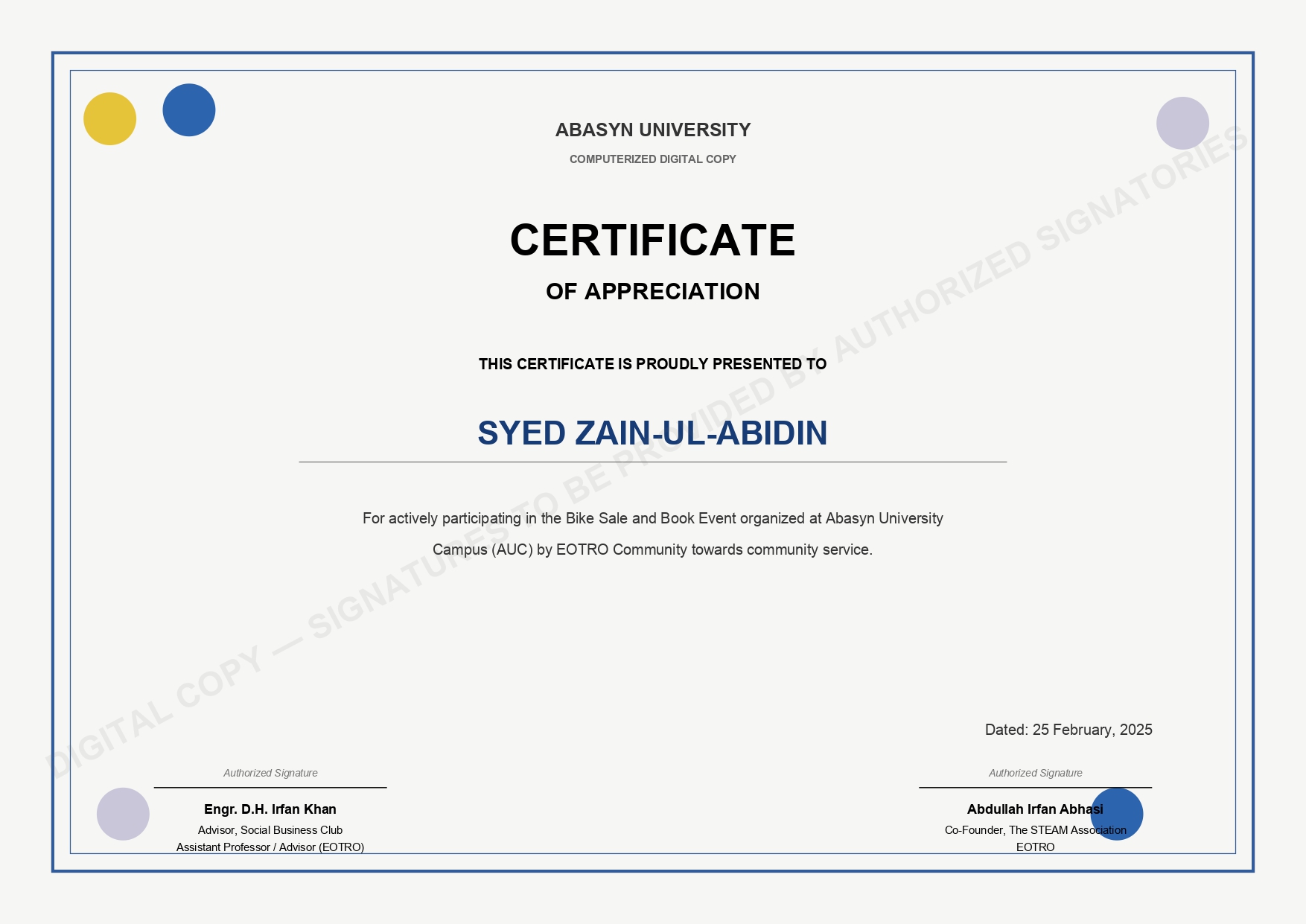 Certificate of Appreciation — Abasyn University